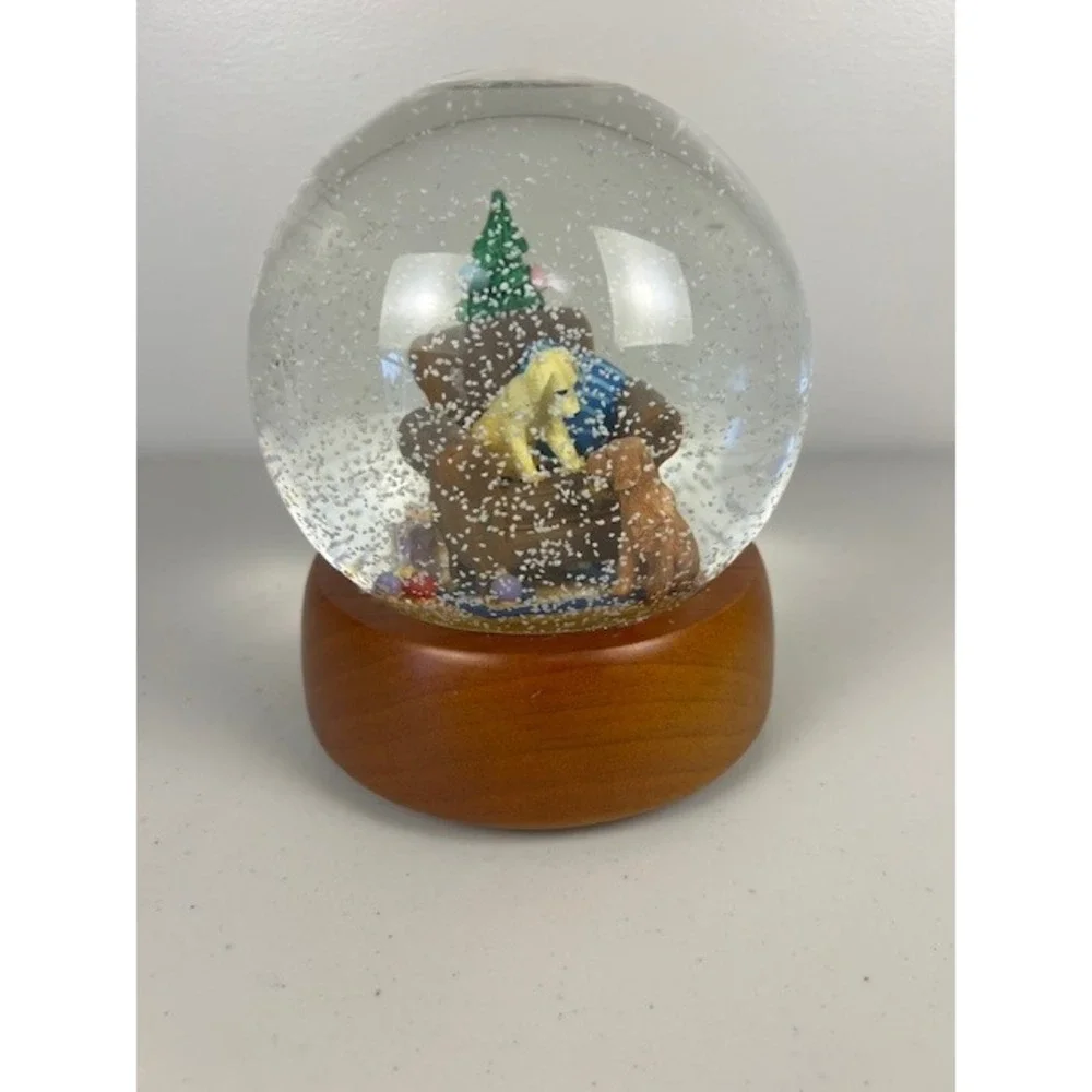 Pottery Barn Y2K‎ Christmas Snow Globe Golden Retriever Puppies Wood Base 7.5 In